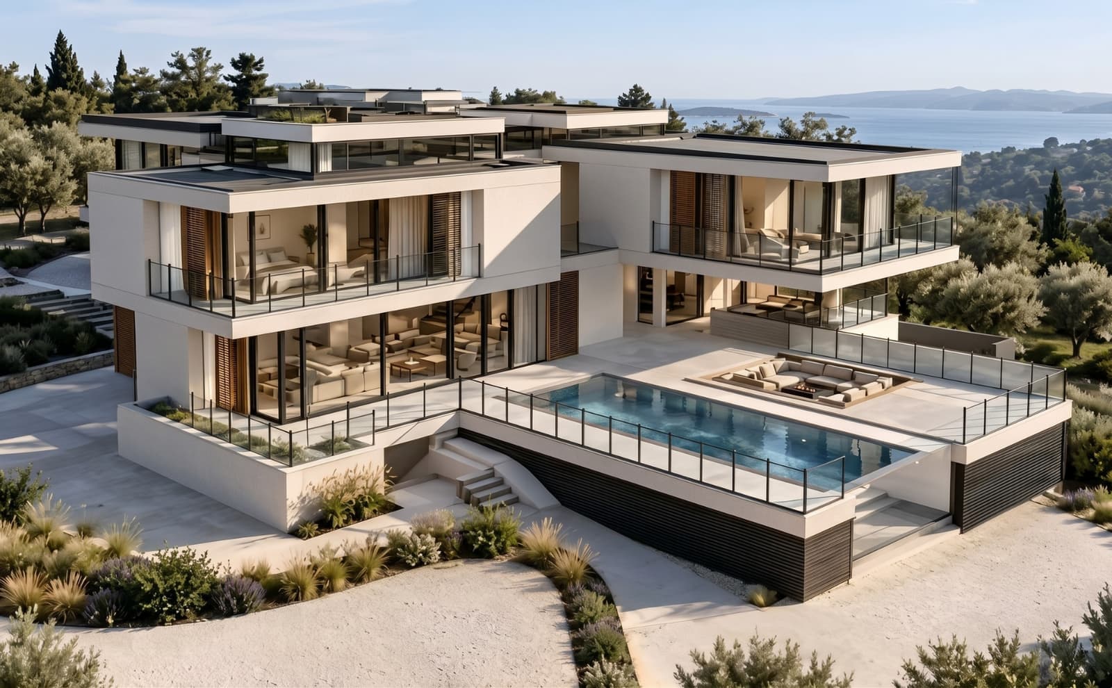 Hillside villa render with a terrace pool and sea view, used as the guide video cover