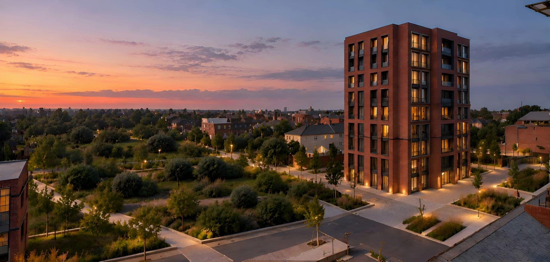 Photorealistic 3D render of a brick apartment tower at sunset