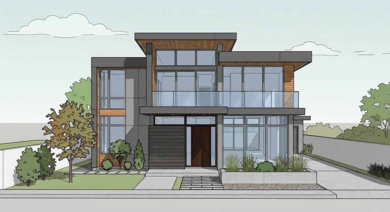 Line sketch of a beach house before rendering