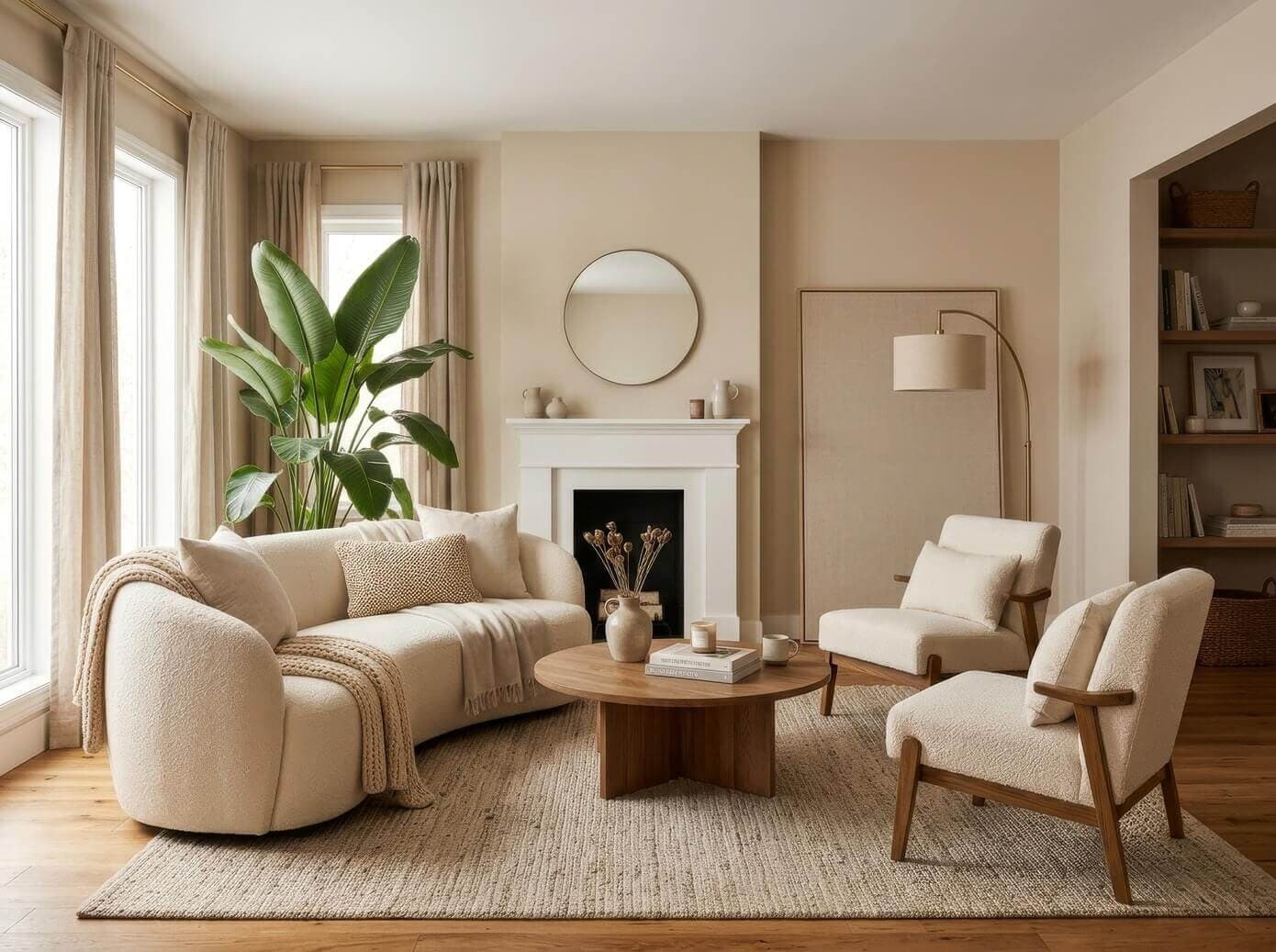 Photorealistic 3D interior render of a living room with curved wood paneling