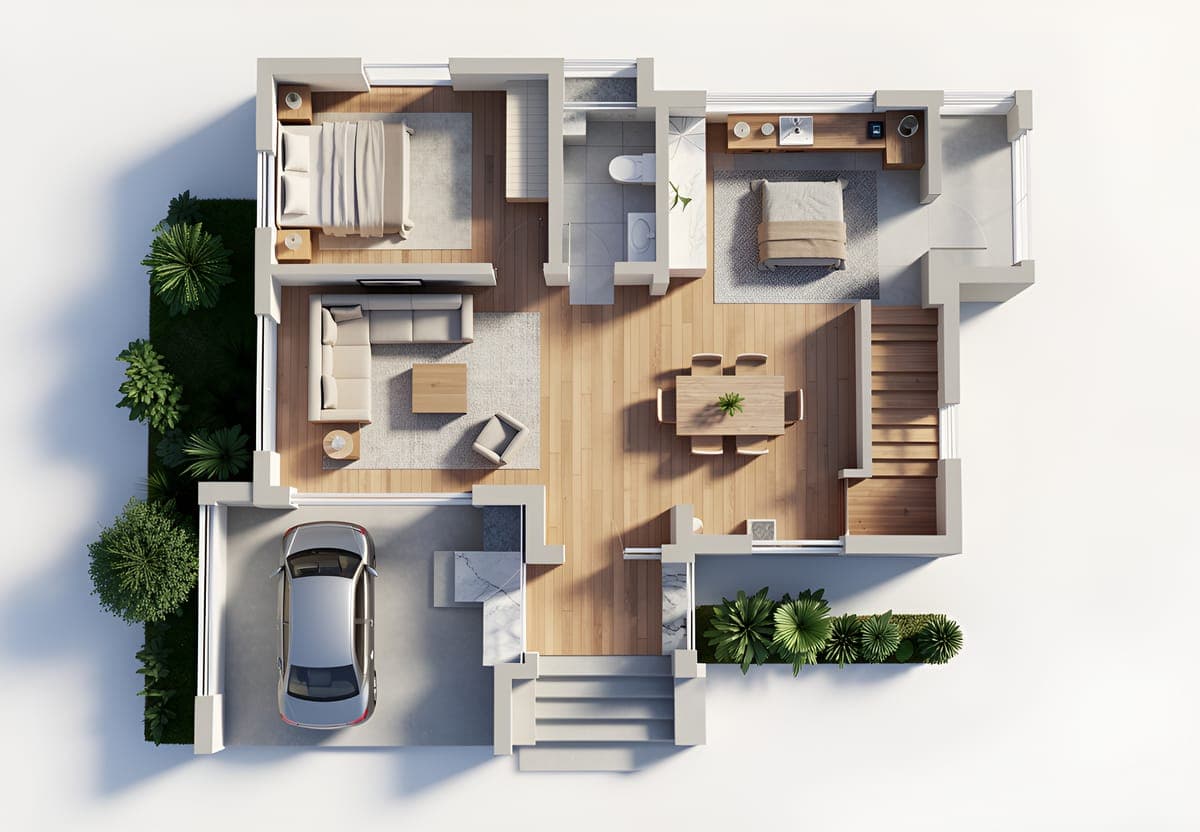 Floor plan rendered in 3D with wood floors, furniture and planting
