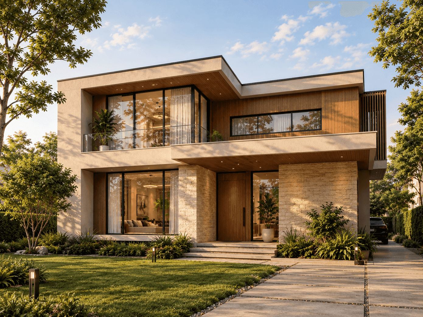Photorealistic 3D exterior render of a modern two-storey house