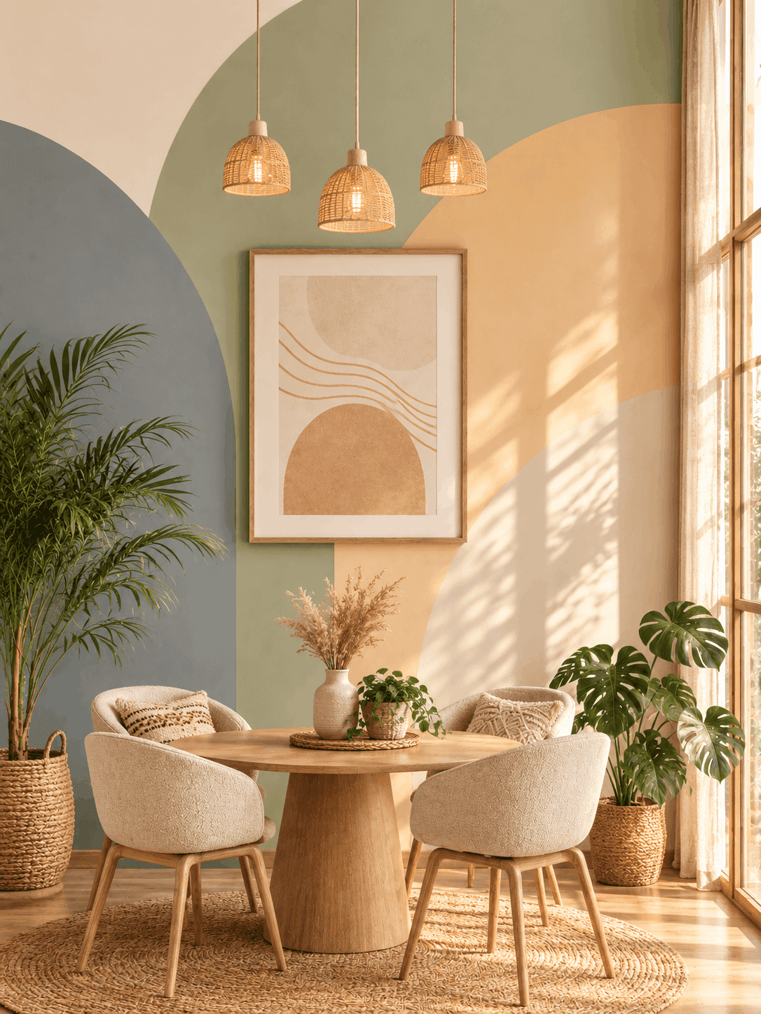 Dining nook rendered in the Soft Boho Warmth style