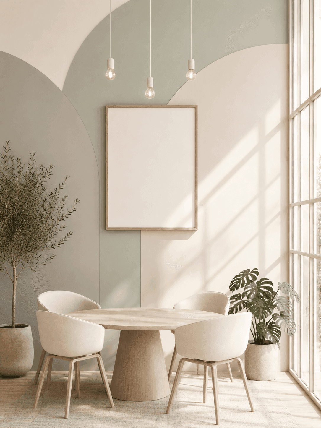 Dining nook rendered in the Scandinavian Calm style