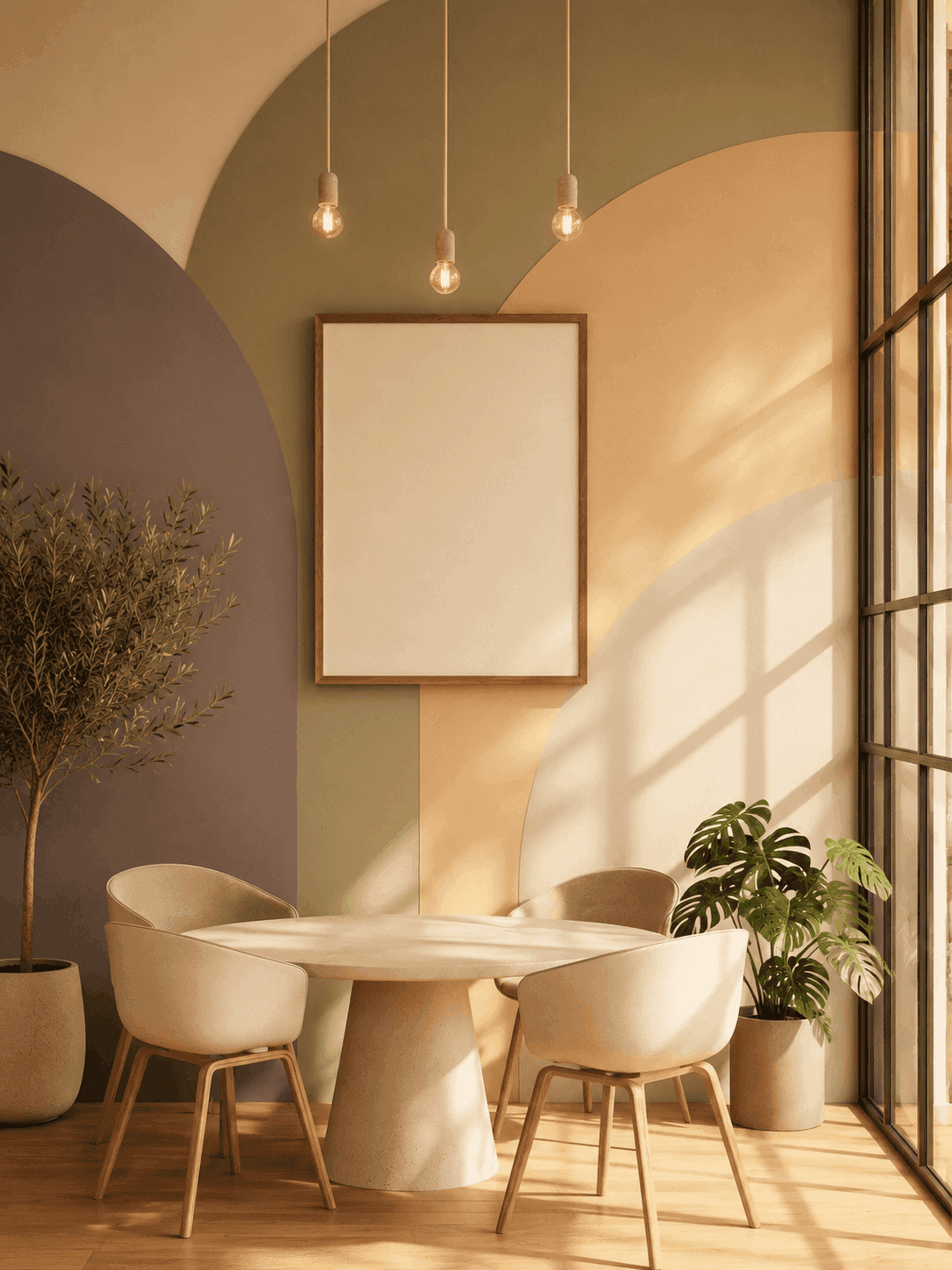 Dining nook rendered in the Warm Minimal style
