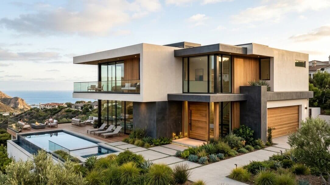 Photorealistic render of a two-storey house with a pool