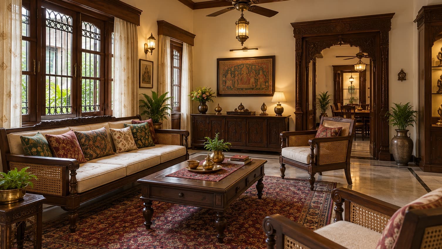 Traditional living room render with carved wood furniture, cane armchairs and a patterned rug