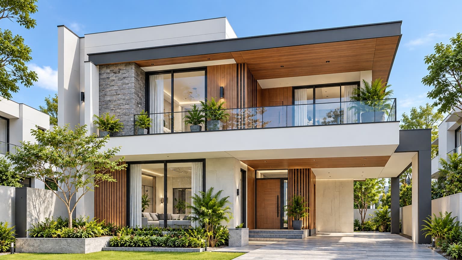 Modern two-storey house render with wood cladding, a glass balcony and a landscaped front garden