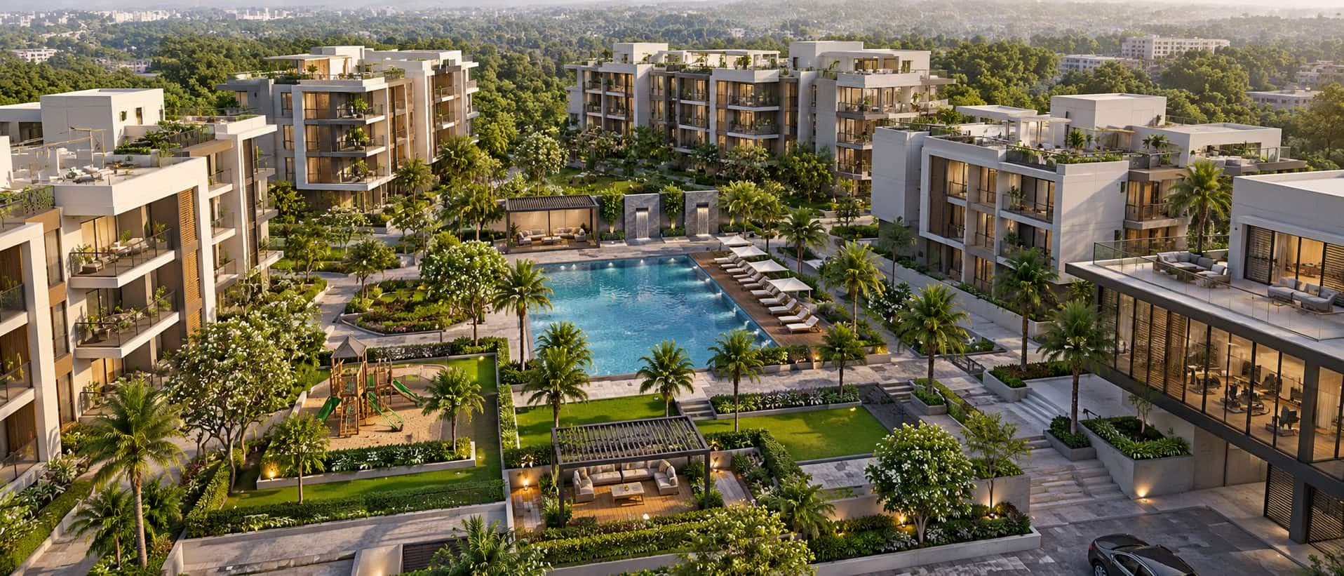 Aerial view of a residential development with apartment blocks around a pool, gardens and a playground