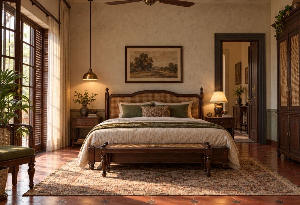 Colonial-style bedroom with a cane-backed wooden bed, terracotta floor tiles and warm lamplight