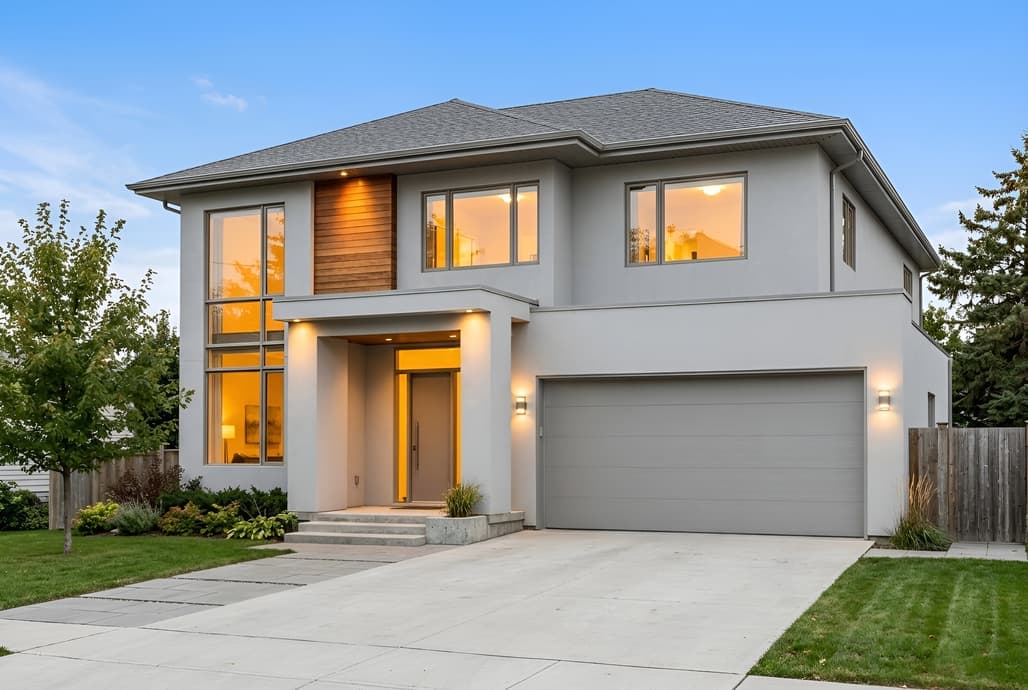 Photorealistic render of the same house at dusk