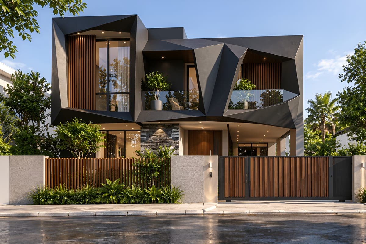 Modern two-storey house restyled as a parametric design with faceted dark cladding, timber slats and glass balconies