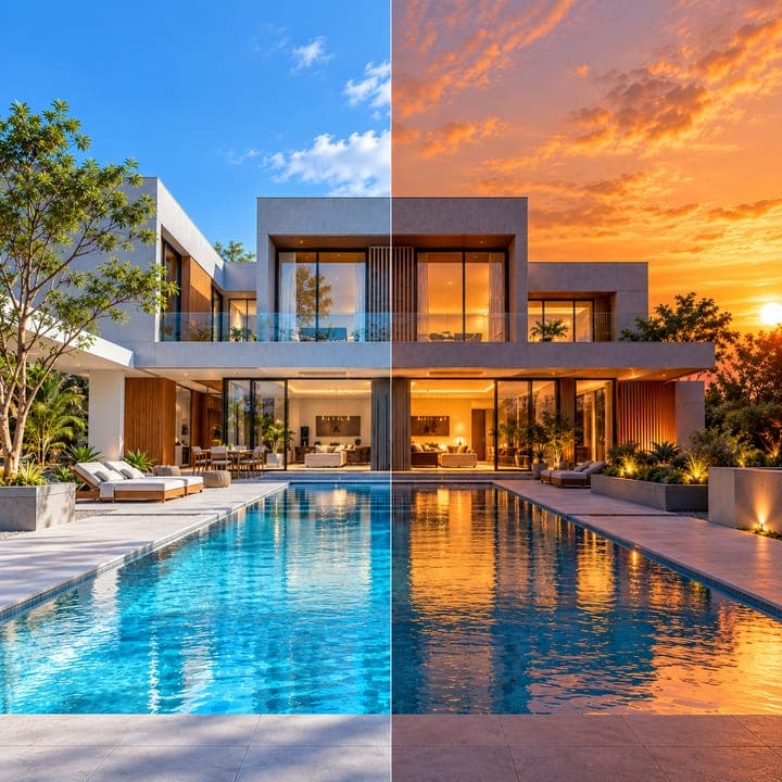 The same modern pool house shown in daylight and re-lit at sunset, side by side