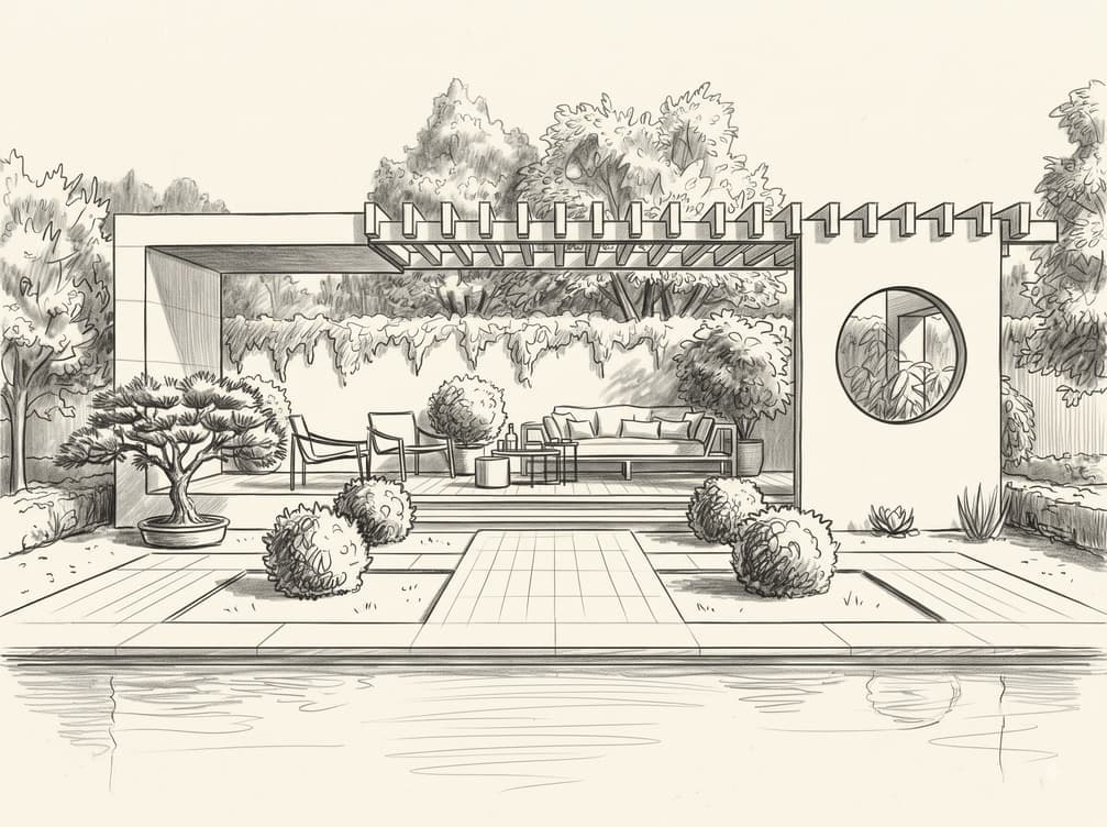 Pencil sketch of a poolside pavilion with a round window