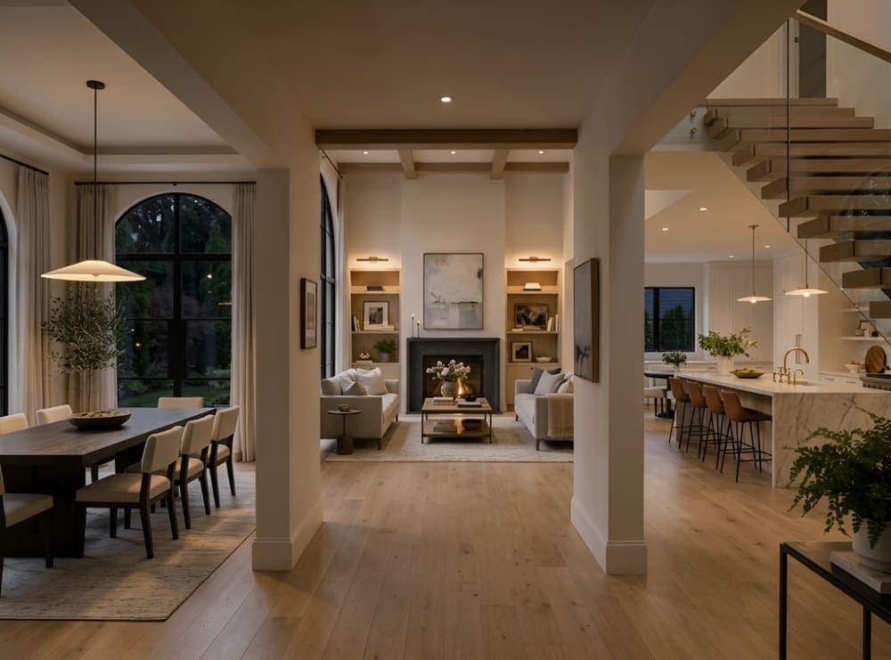 The same open-plan living space restyled for the evening with warm lighting