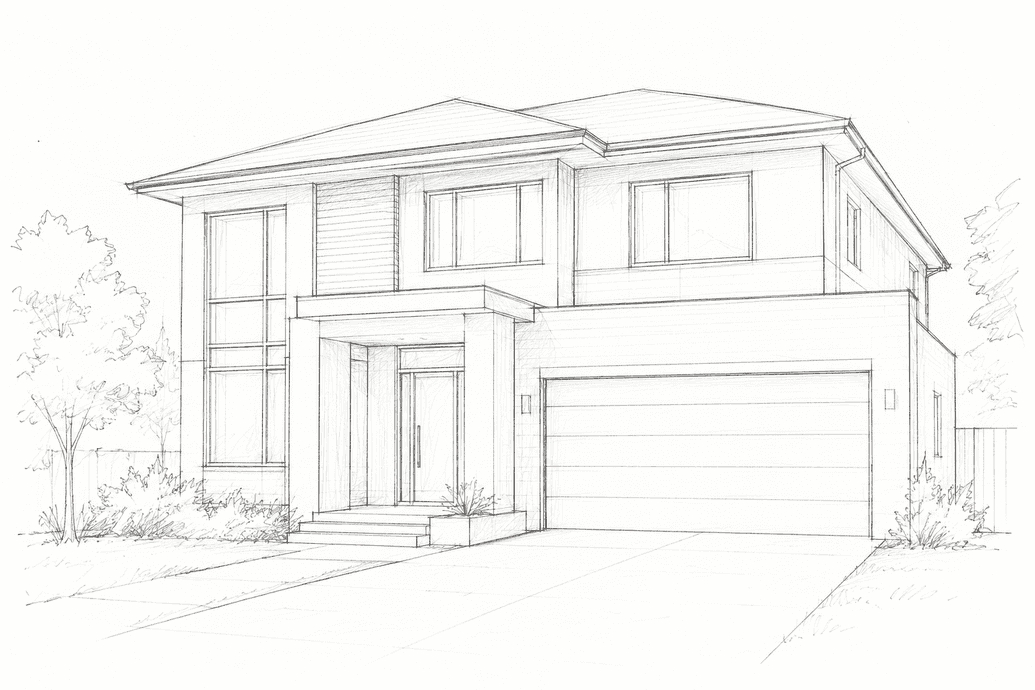 Pencil sketch of a two-story house with a garage