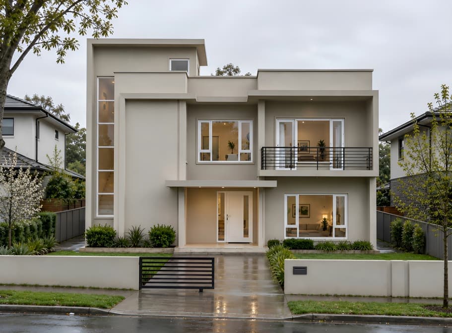 Rising aerial reveal of a modern two-storey white house on a rainy street