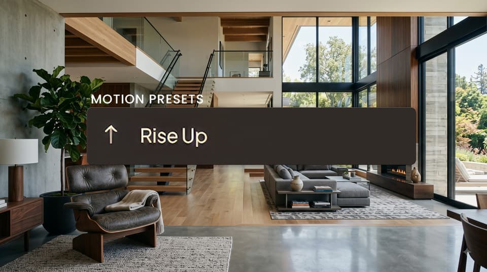 The same living room with the Rise Up camera motion preset selected