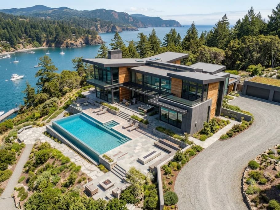 Drone flythrough of a modern hillside house with an infinity pool above the bay