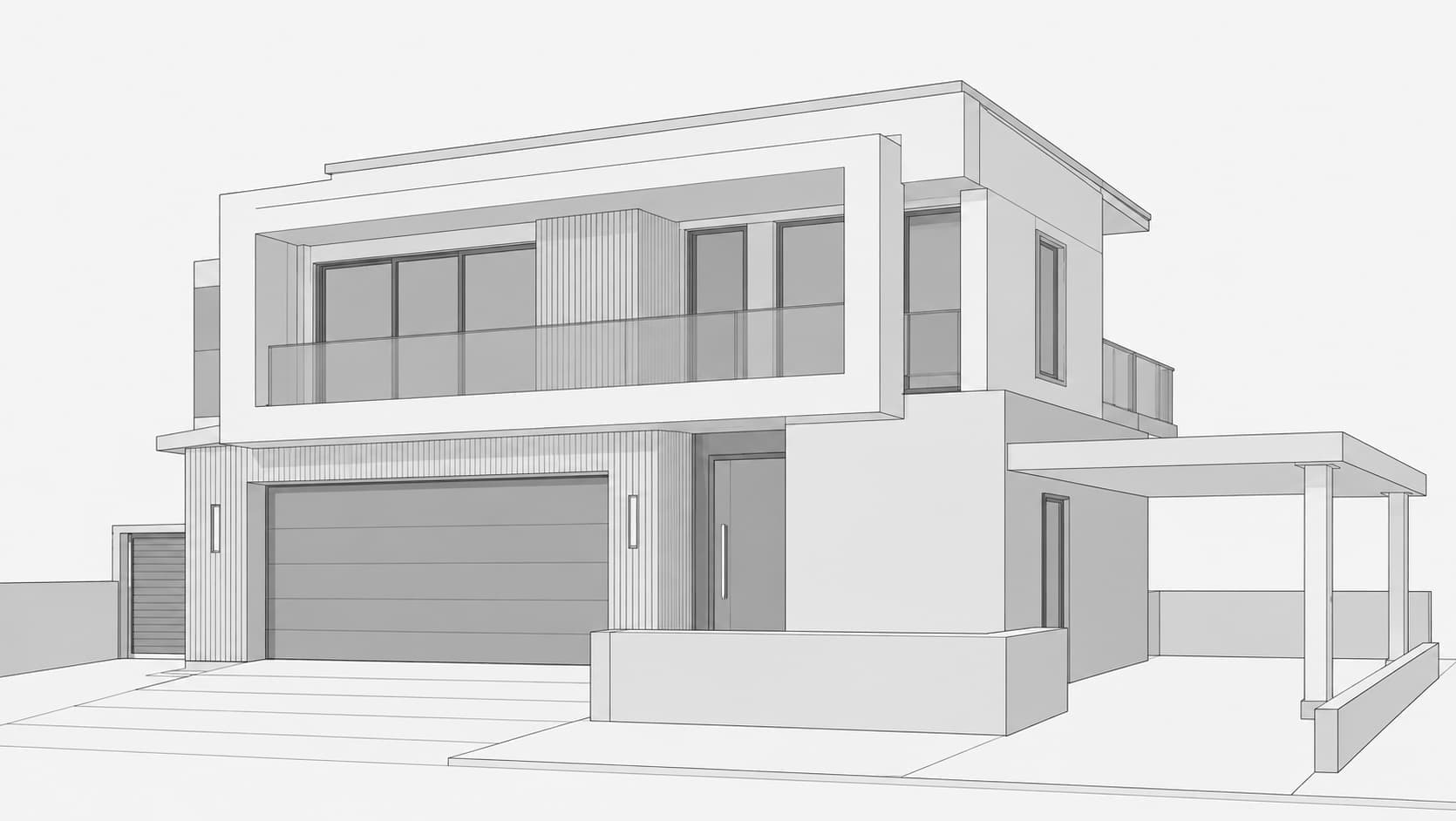 Greyscale CAD model of a modern two-storey house with a garage and carport