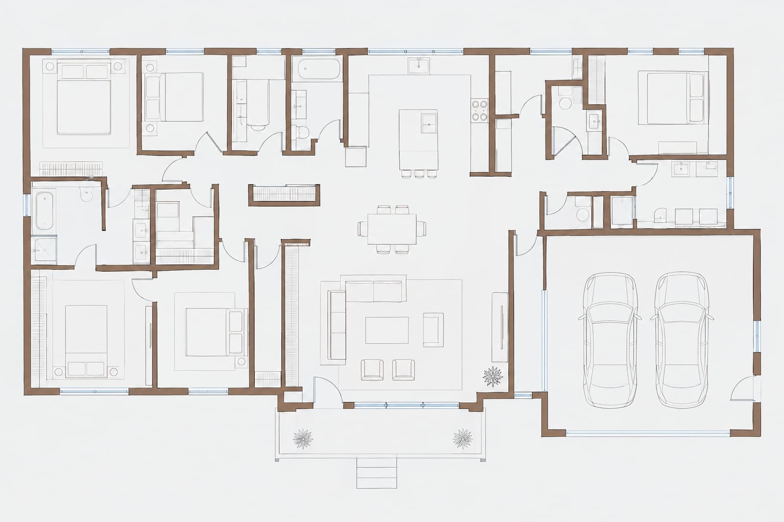 Top-down floor plan of a single-storey home with bedrooms, an open-plan kitchen and living area, and a two-car garage