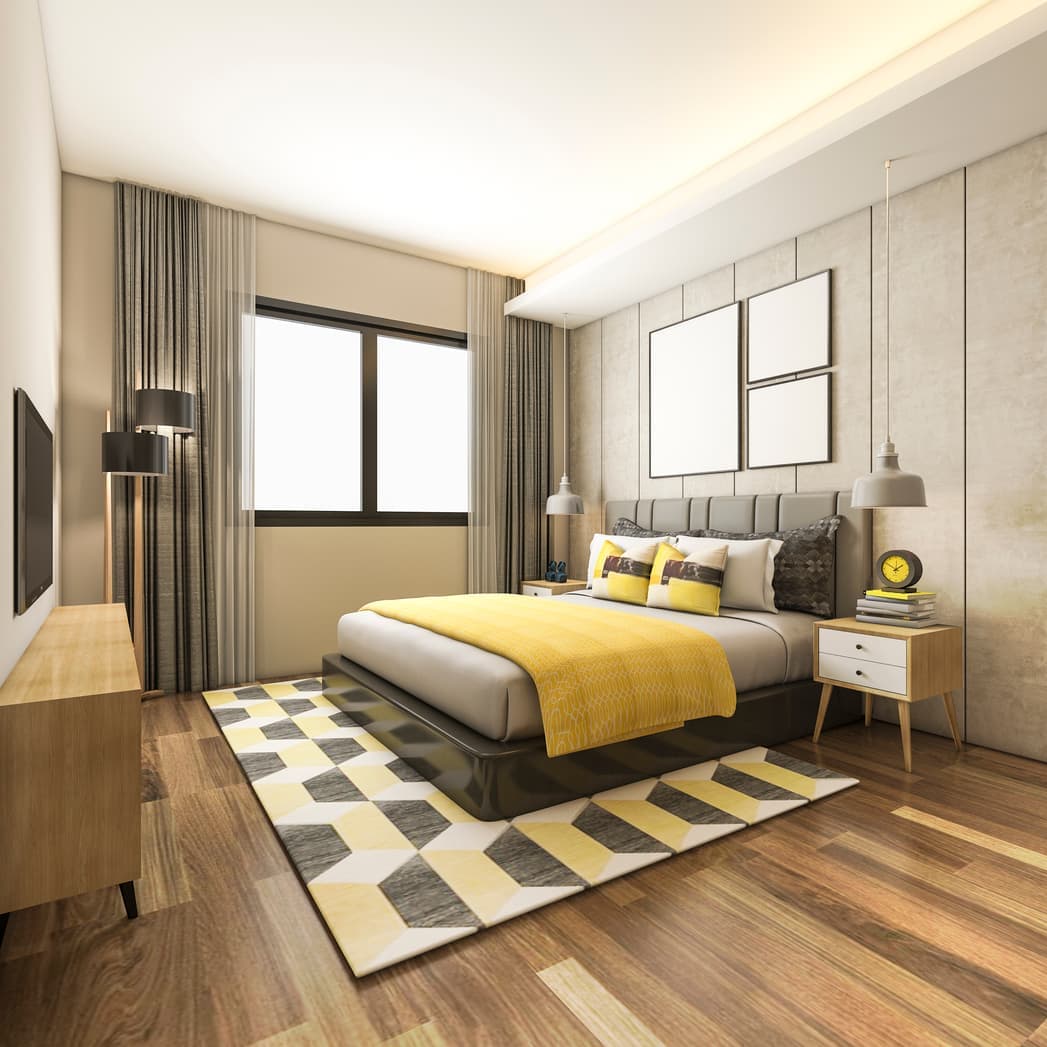 AI-rendered bedroom interior with soft curtains and neutral linens