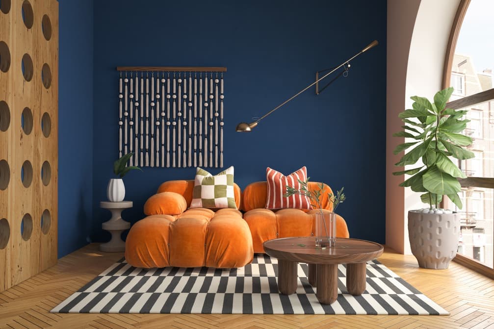 Warm wabi-sabi living corner showing one of the available interior styles