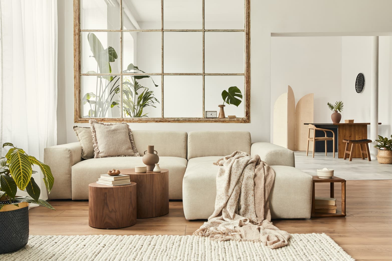 Client-ready AI interior rendering of a living room with curved wood paneling