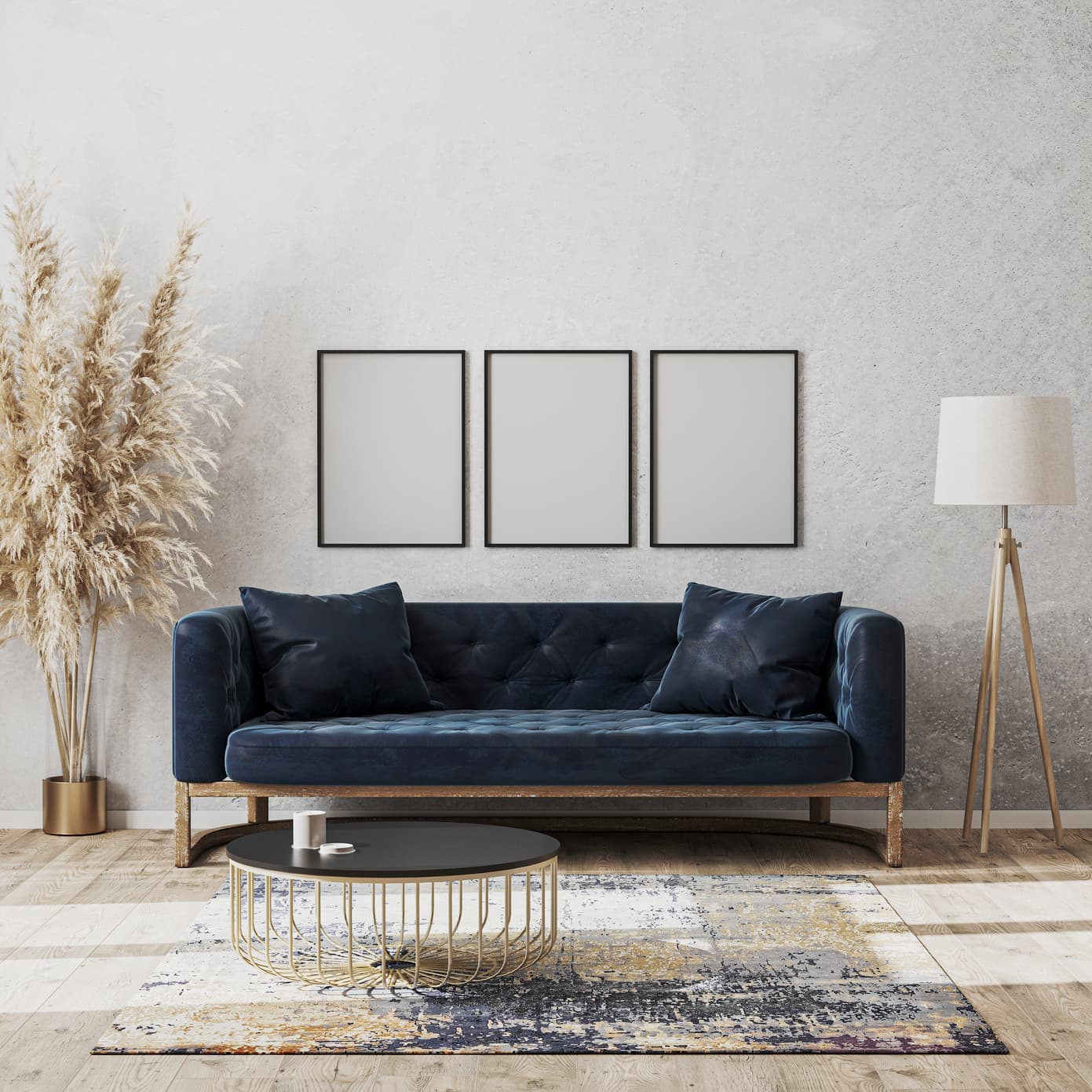 Living room render with emerald velvet sofas used to test material and finish swaps