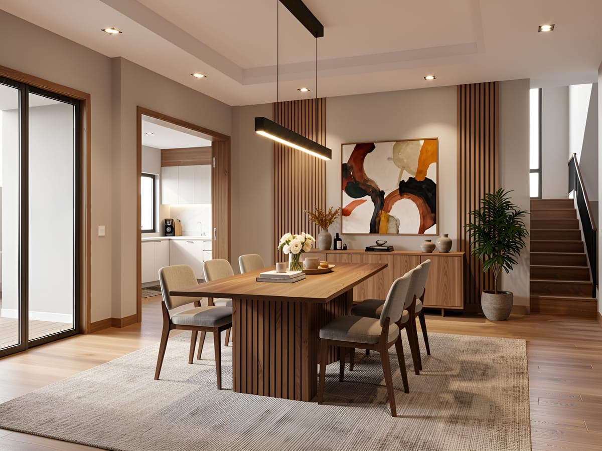 Dining room rendered with a walnut table, upholstered chairs, slatted wood panels, a pendant light and abstract art