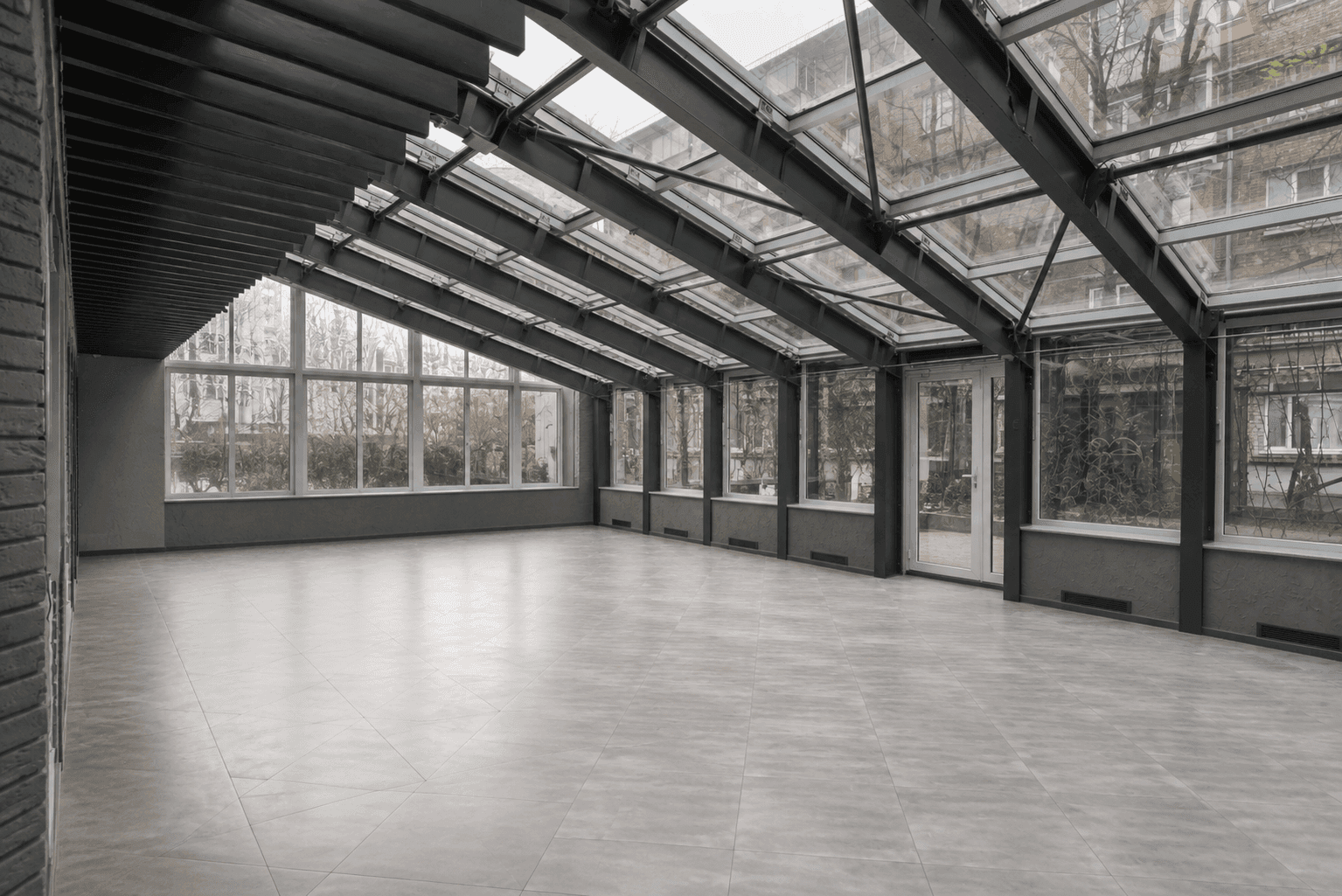 Empty glass-roofed interior space ready for AI interior rendering