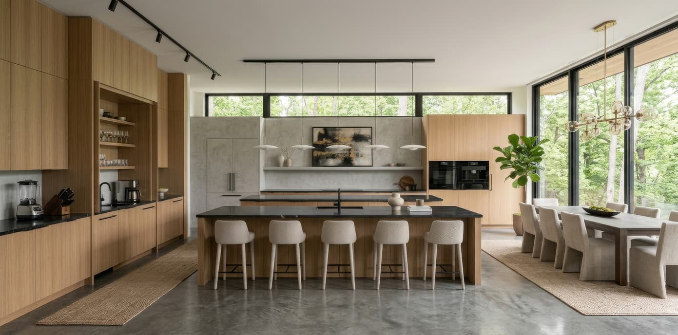 AI-rendered kitchen with dark wood cabinets and under-cabinet lighting