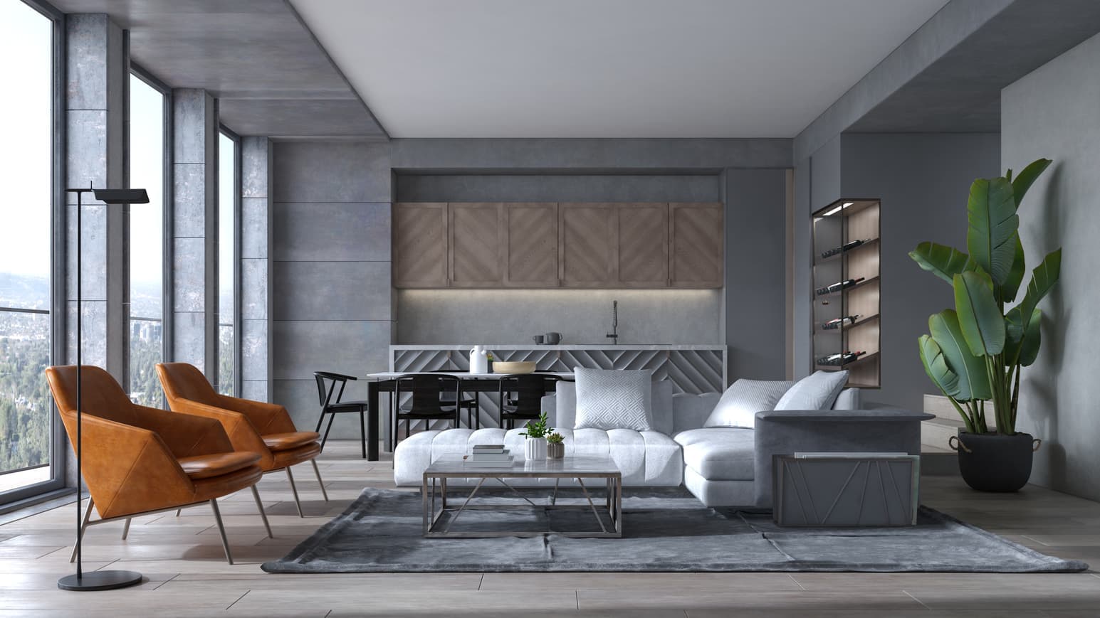Photorealistic AI interior rendering of a modern living room with city views