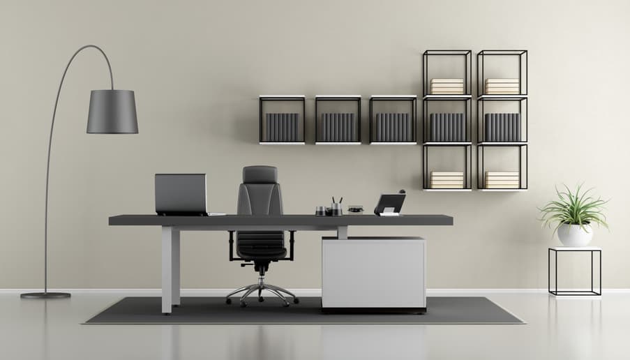 AI-rendered home office with a skyline view and wooden shelving