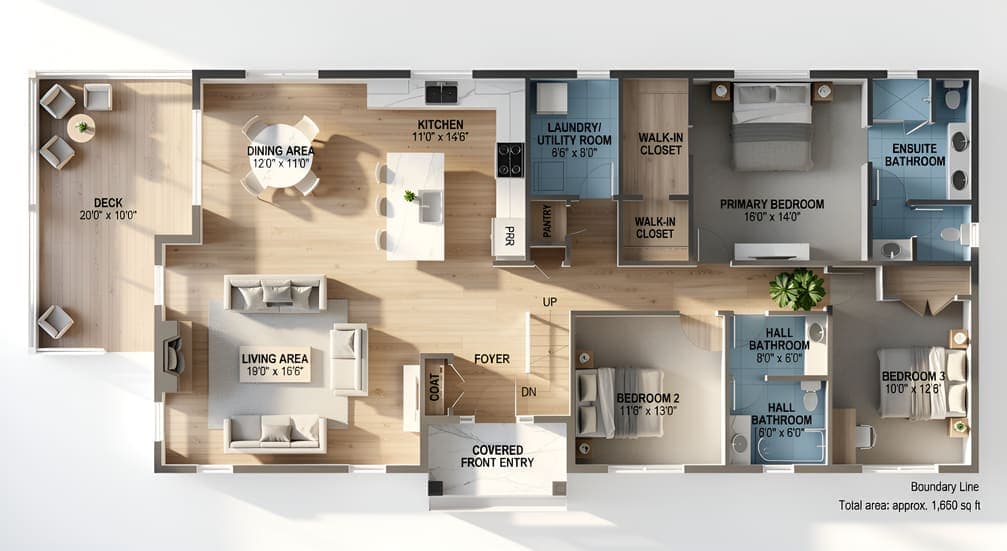 Top-down rendered floor plan of a single-storey home