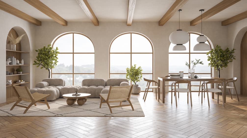 Rendered living room with arched windows, a curved sofa and a herringbone floor