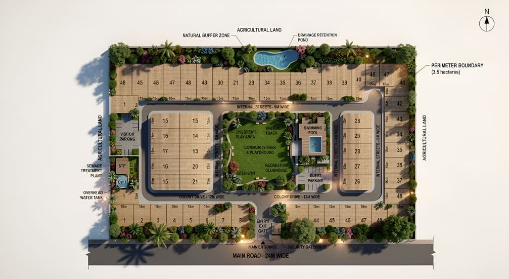 Rendered site plan of a gated housing development with a central park
