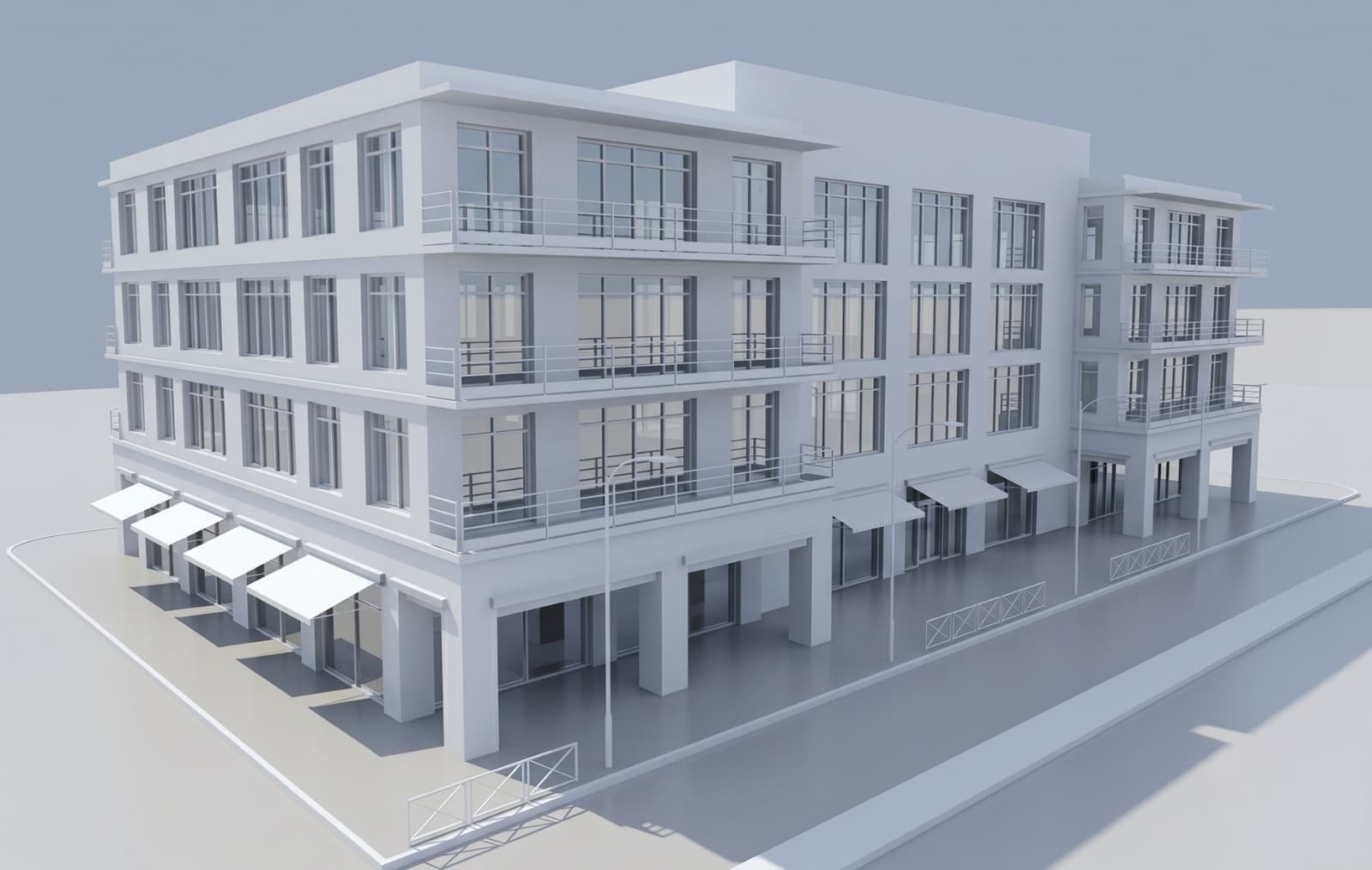 Grey Revit model of a four-storey corner building with shop awnings on the ground floor, used as the guide video cover