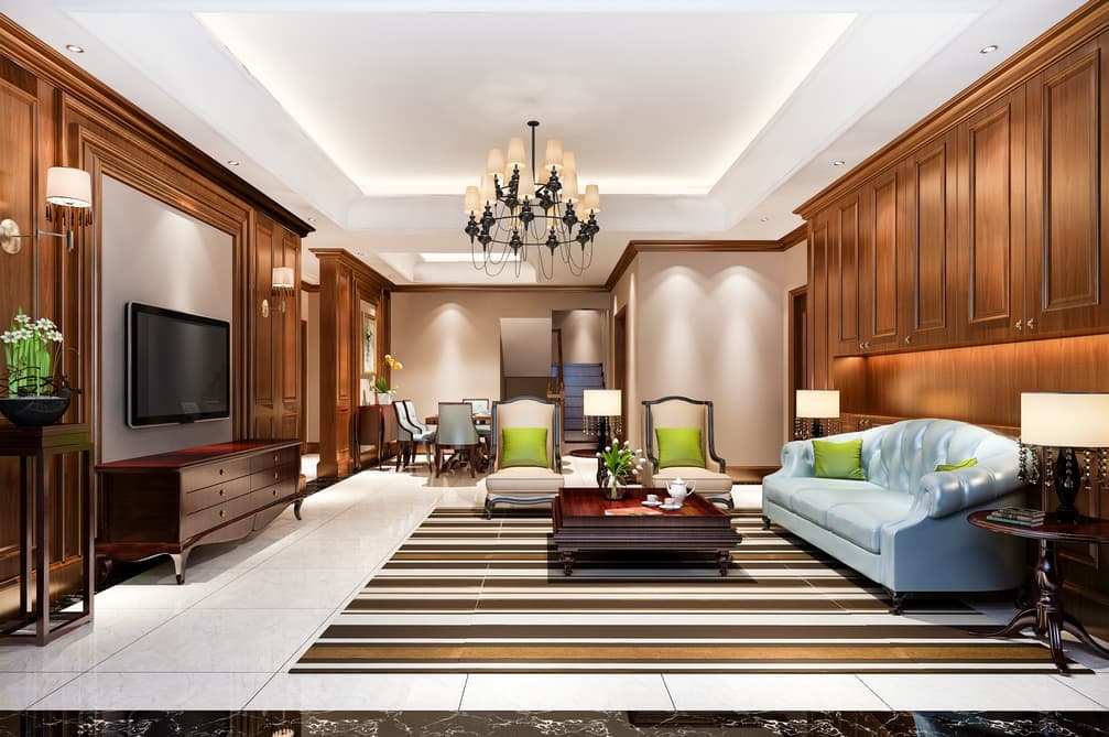 Living room in a classic wood-panelled render style