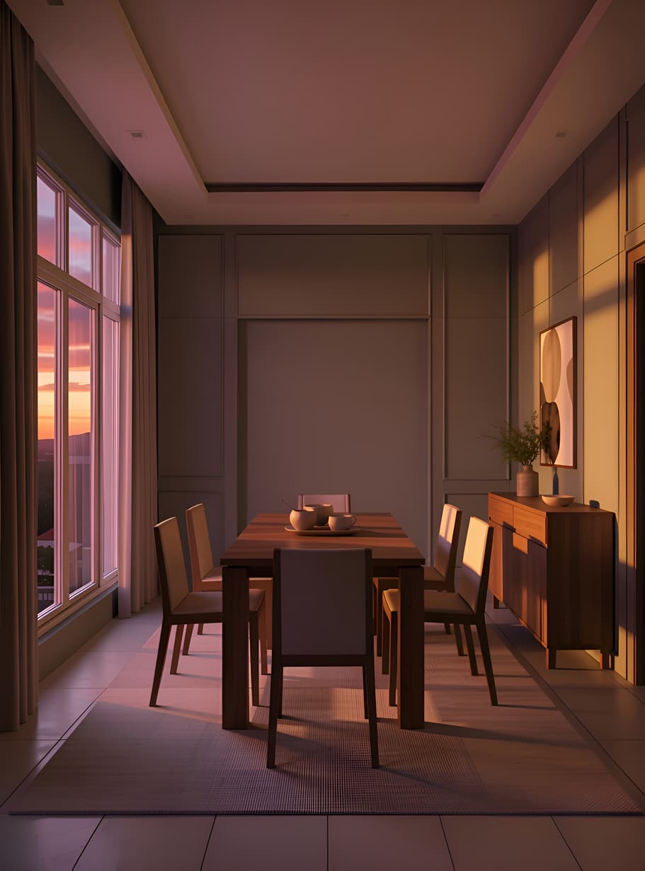 Dining nook rendered in the Dramatic Dusk style