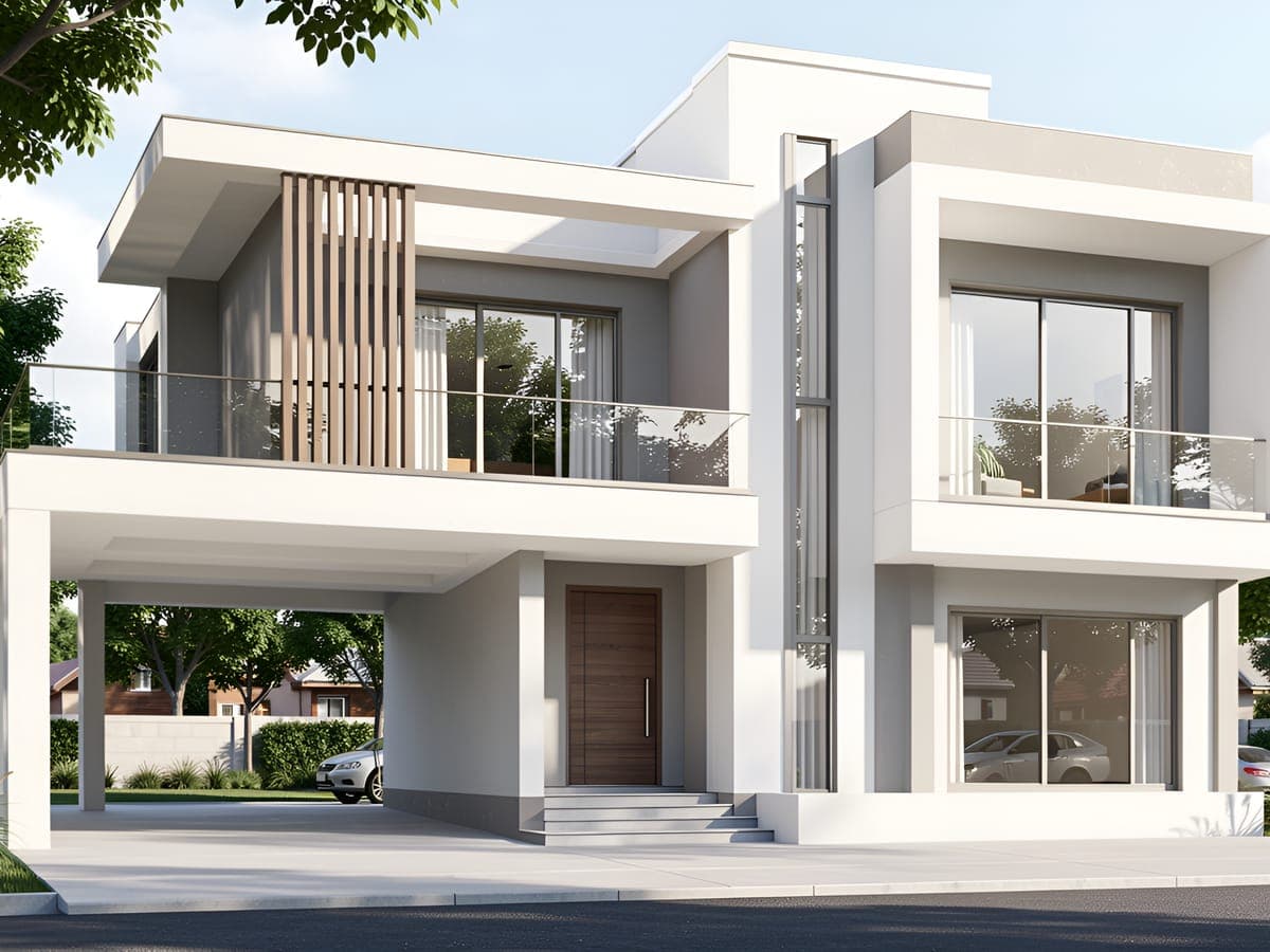 Modern two-storey house rendered from a Revit model, with white walls, timber slats, glass balconies and a carport