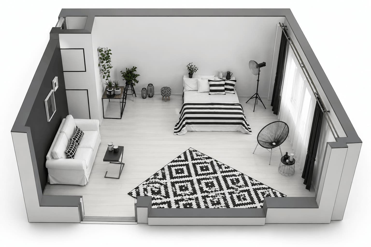 Isometric Revit view of a monochrome studio apartment ready for AI rendering