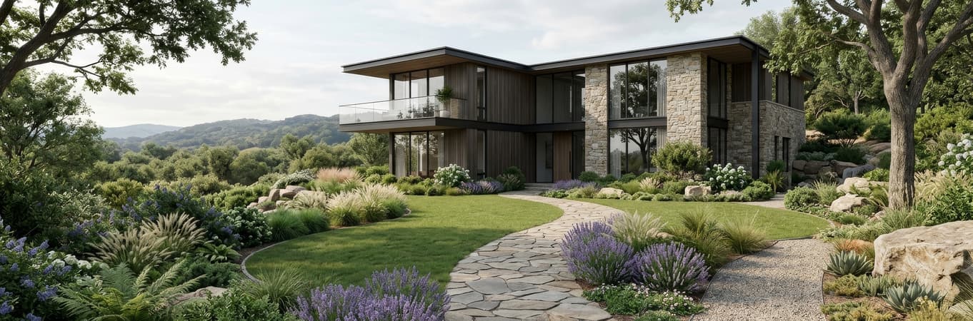 Stone-and-timber house in a landscaped garden with rolling hills
