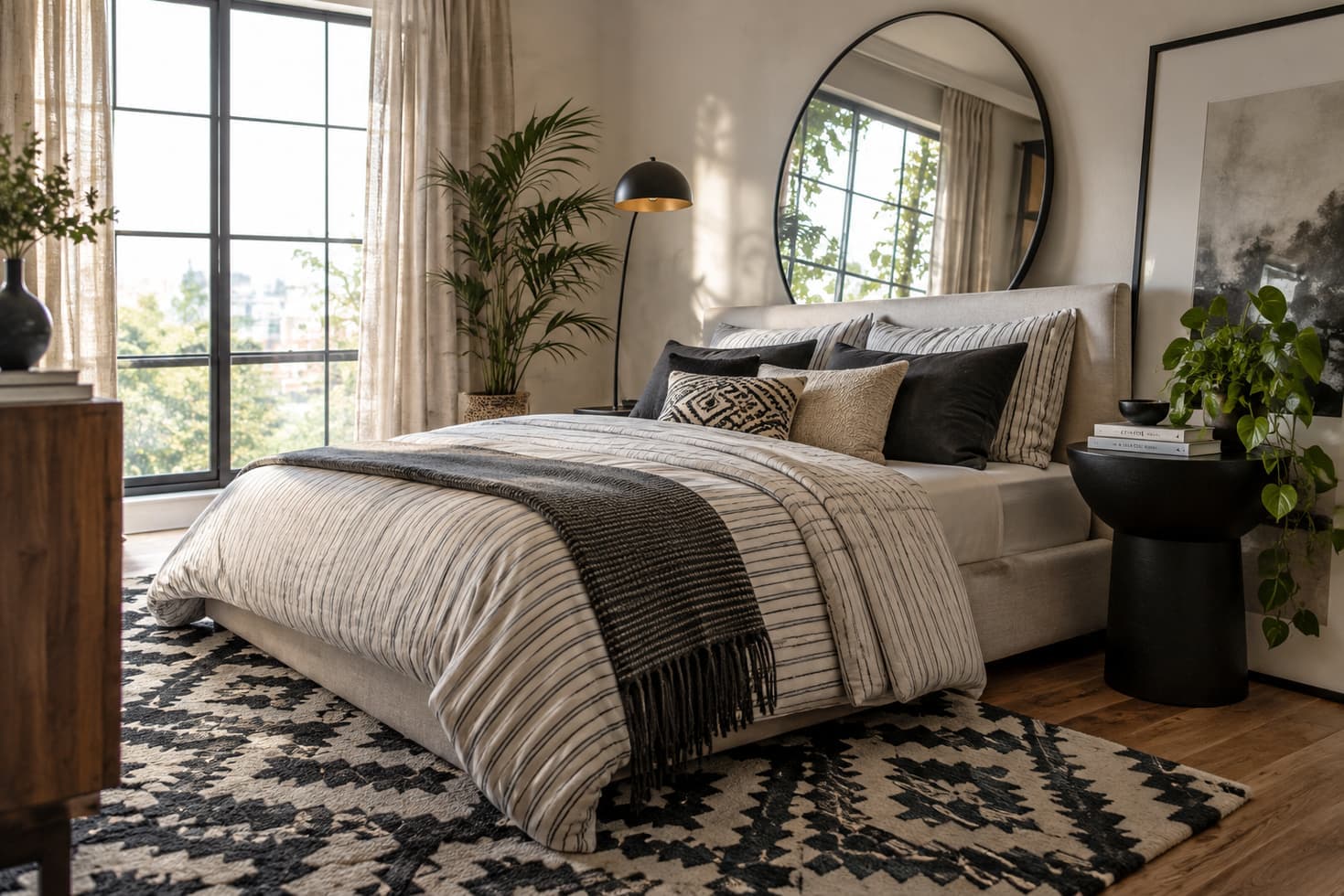 Photorealistic bedroom render rich in material detail