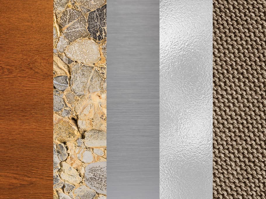 Wood, stone, brushed metal, glass and woven fabric material swatches