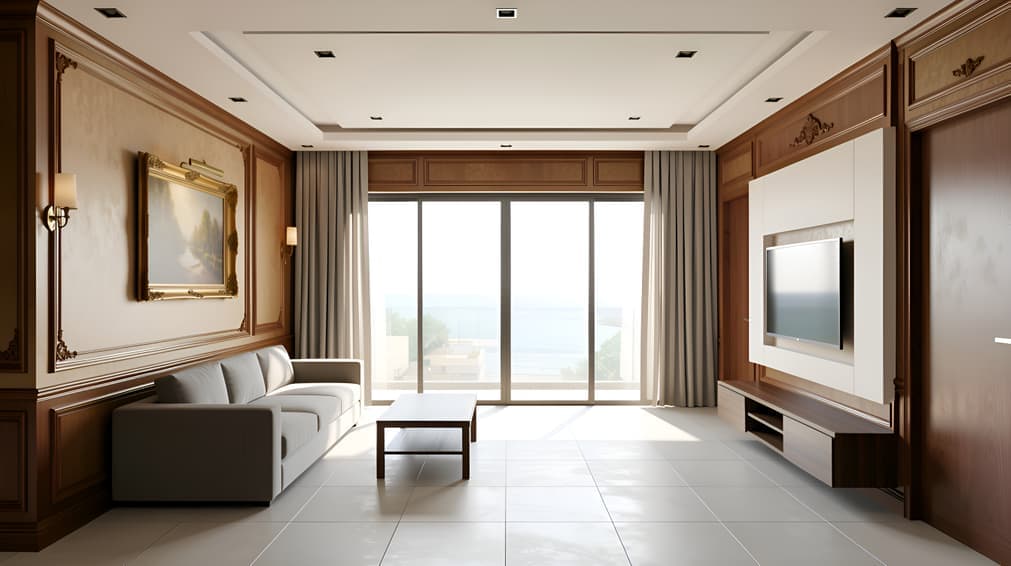 Finished render of the living room with wood panelling