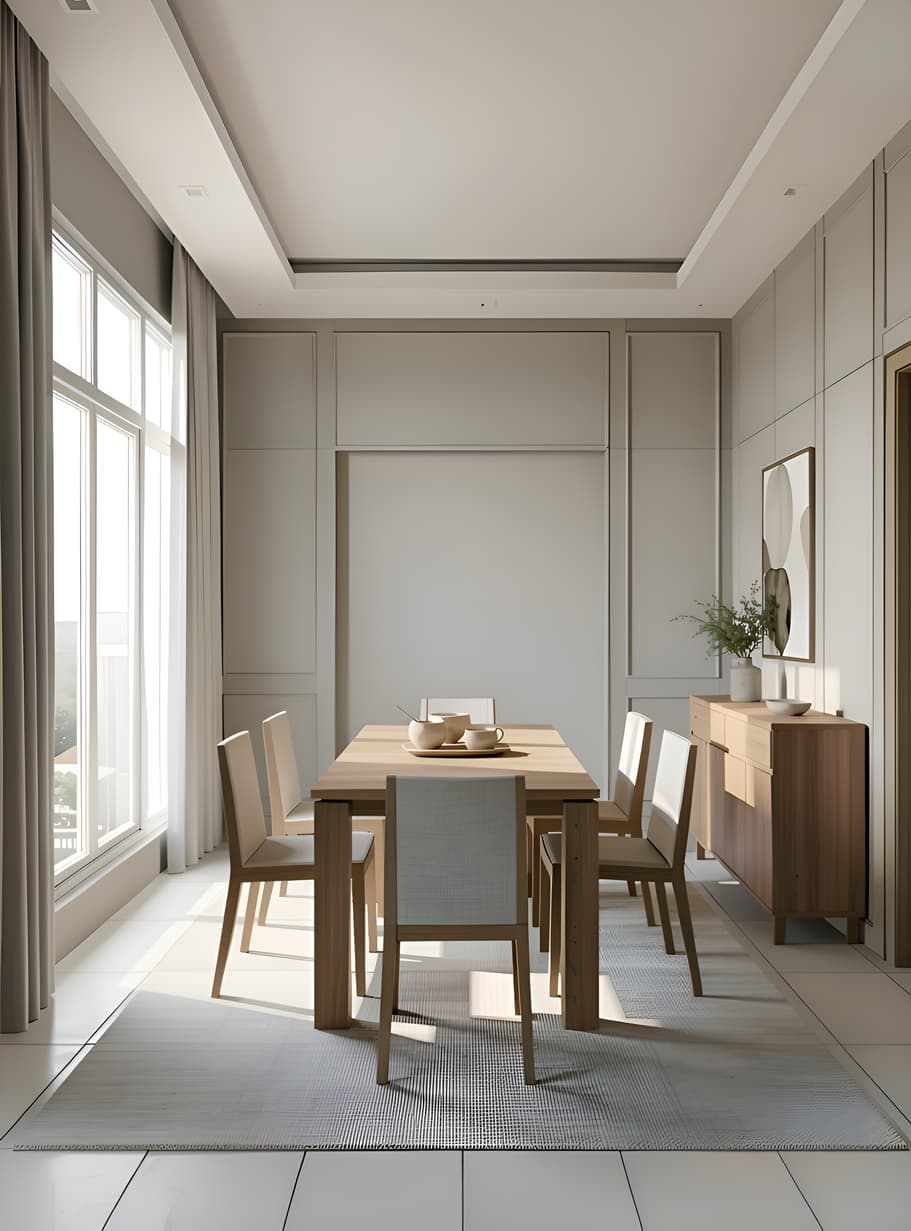 Dining nook rendered in the Scandinavian Calm style