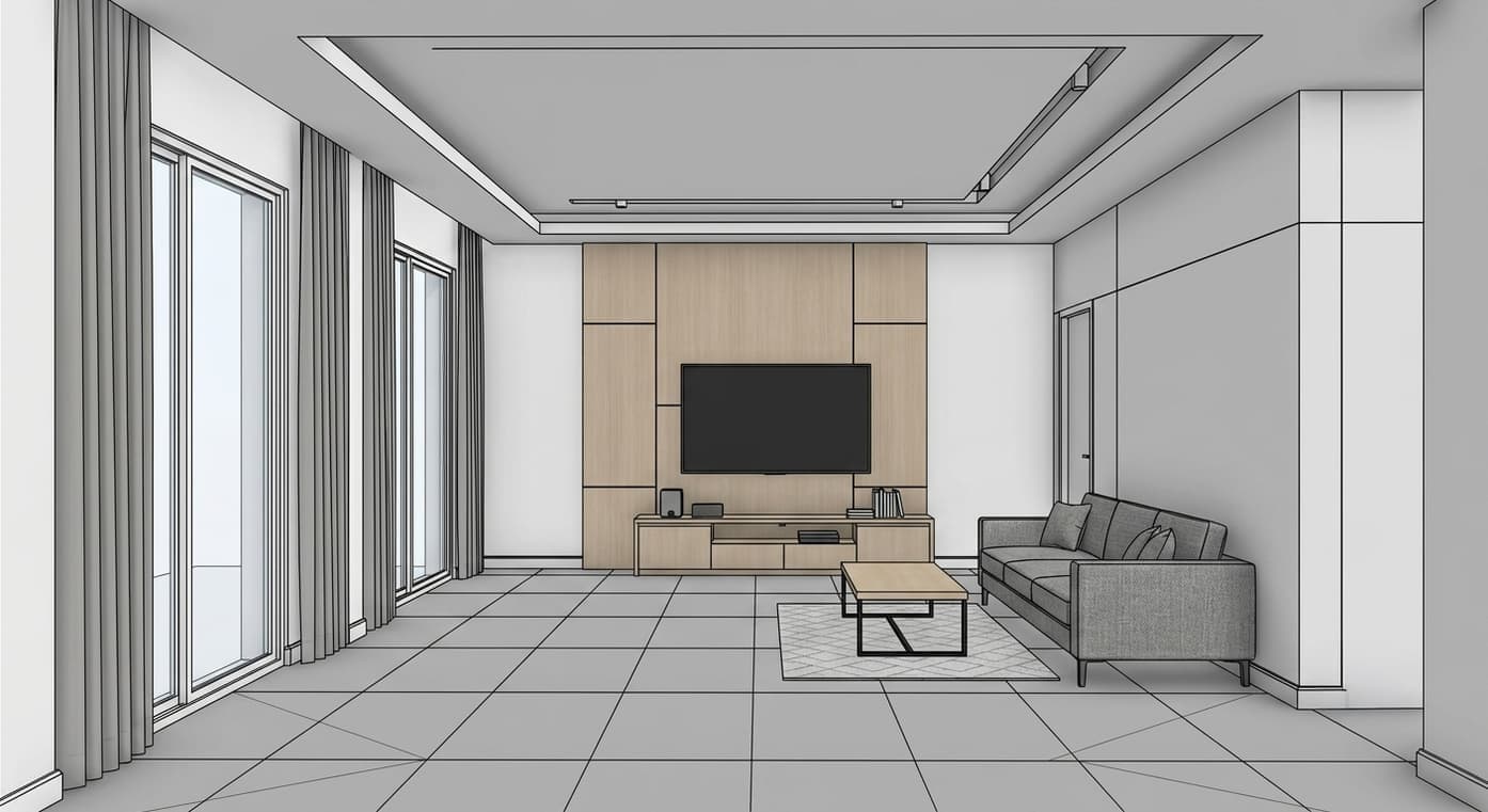 Untextured model view of a living room before rendering