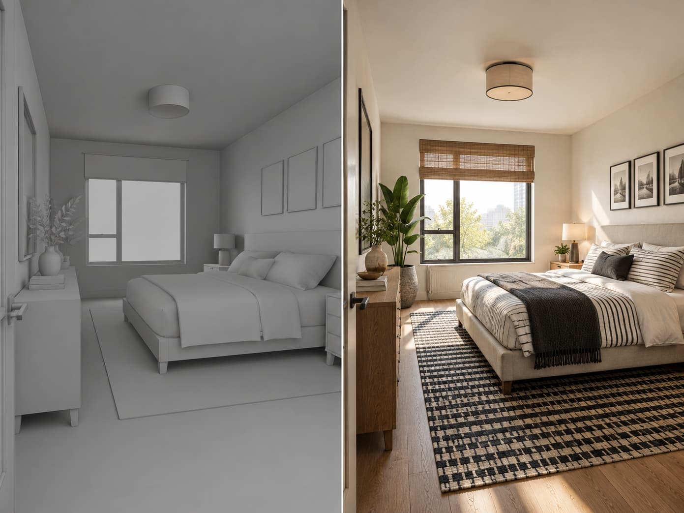 Grey Revit bedroom view beside its photorealistic render
