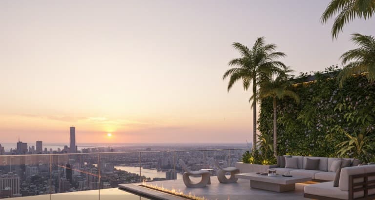 Rooftop terrace render at sunset